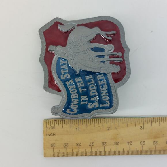 Cowboys Stay in the Saddle Longer Red Blue Enamel Belt Buckle - Picture 4 of 8